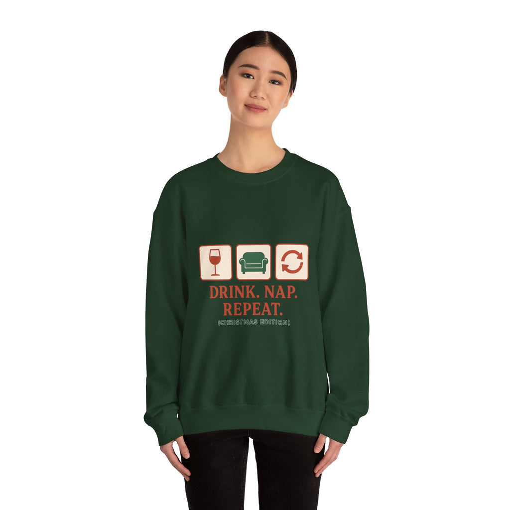 Christmas Sweatshirt - "Drink. Nap. Repeat. (Christmas Edition)" Cozy Holiday Crewneck