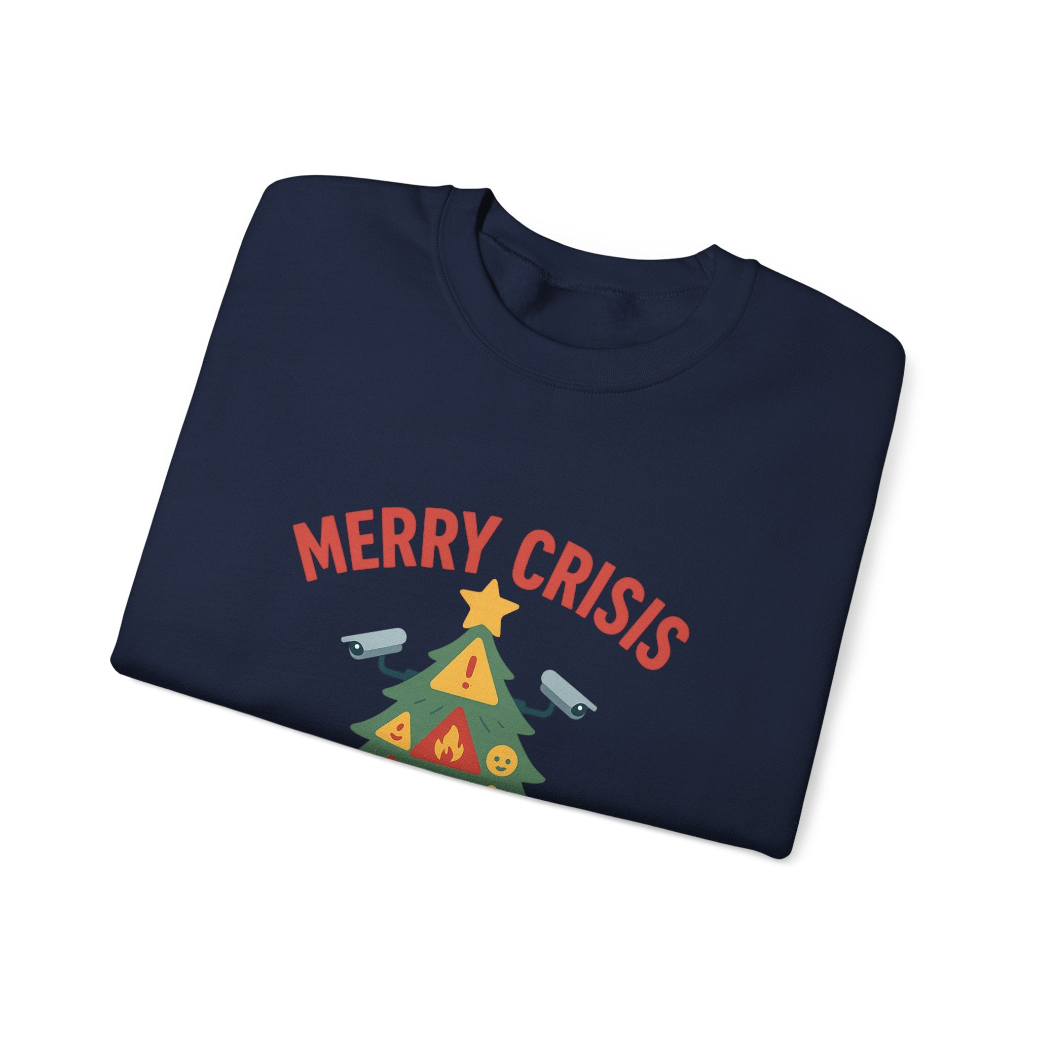 Holiday Humor Sweatshirt — "Merry Crisis, A Happy New Fear" Christmas Tree Crewneck