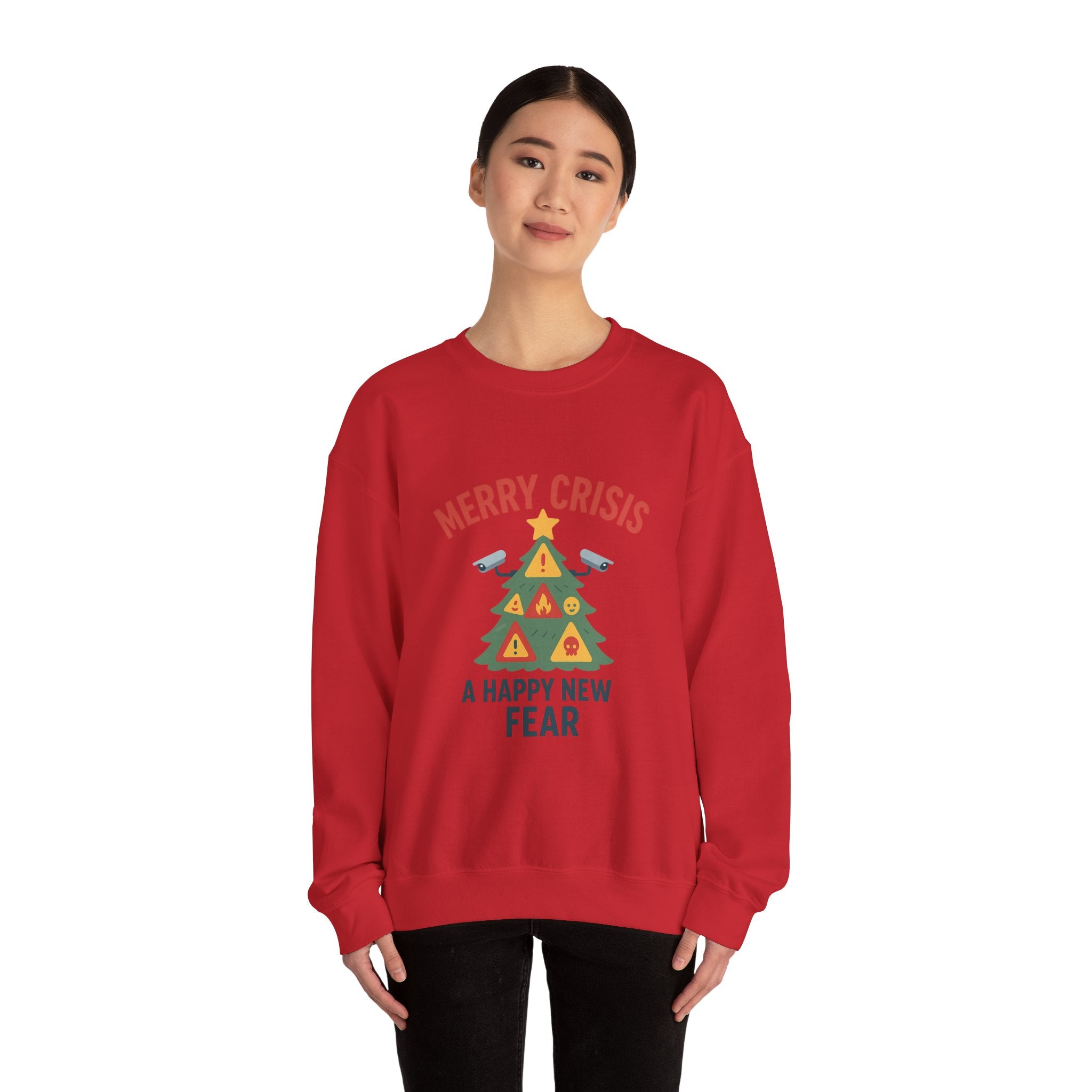 Holiday Humor Sweatshirt — "Merry Crisis, A Happy New Fear" Christmas Tree Crewneck