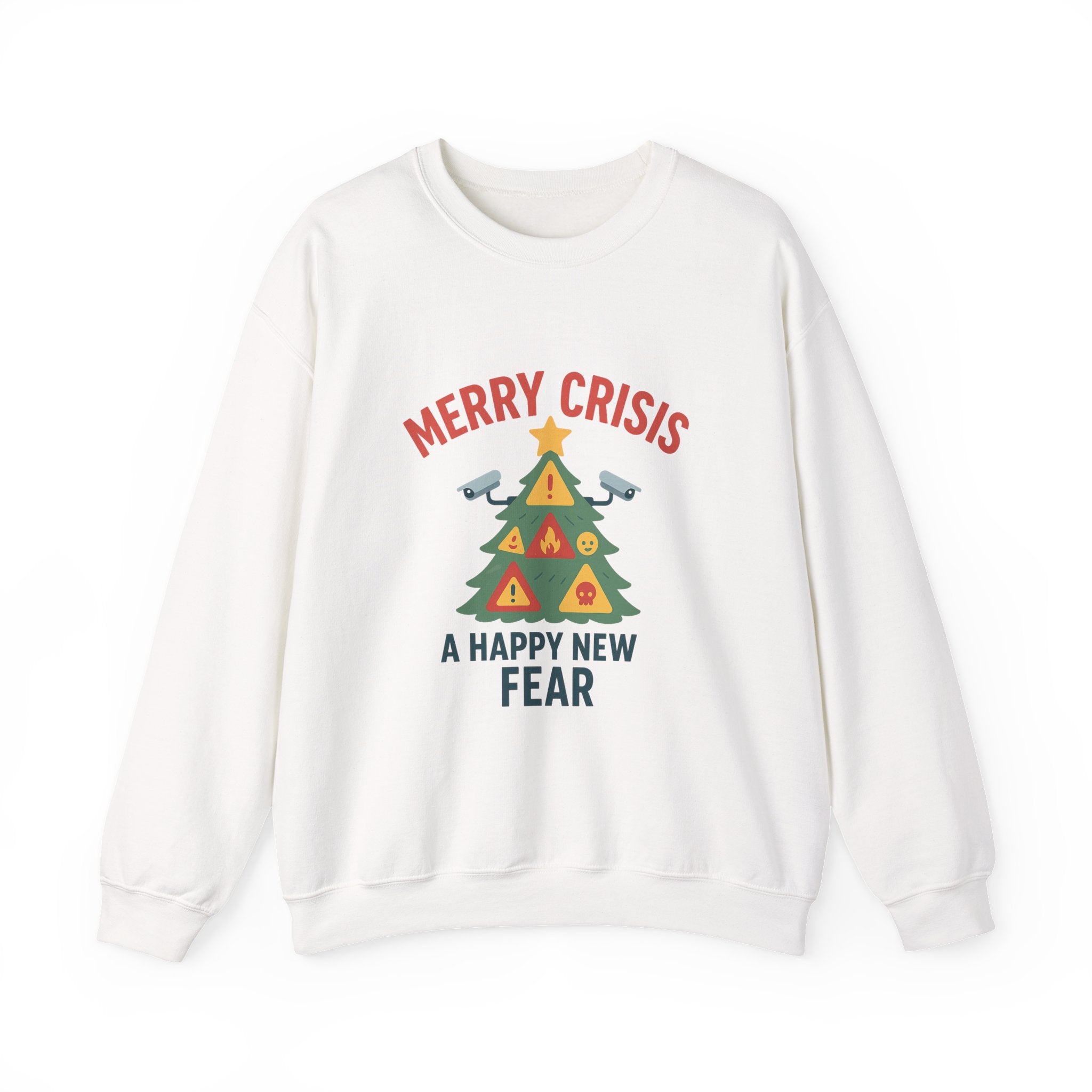 Holiday Humor Sweatshirt — "Merry Crisis, A Happy New Fear" Christmas Tree Crewneck