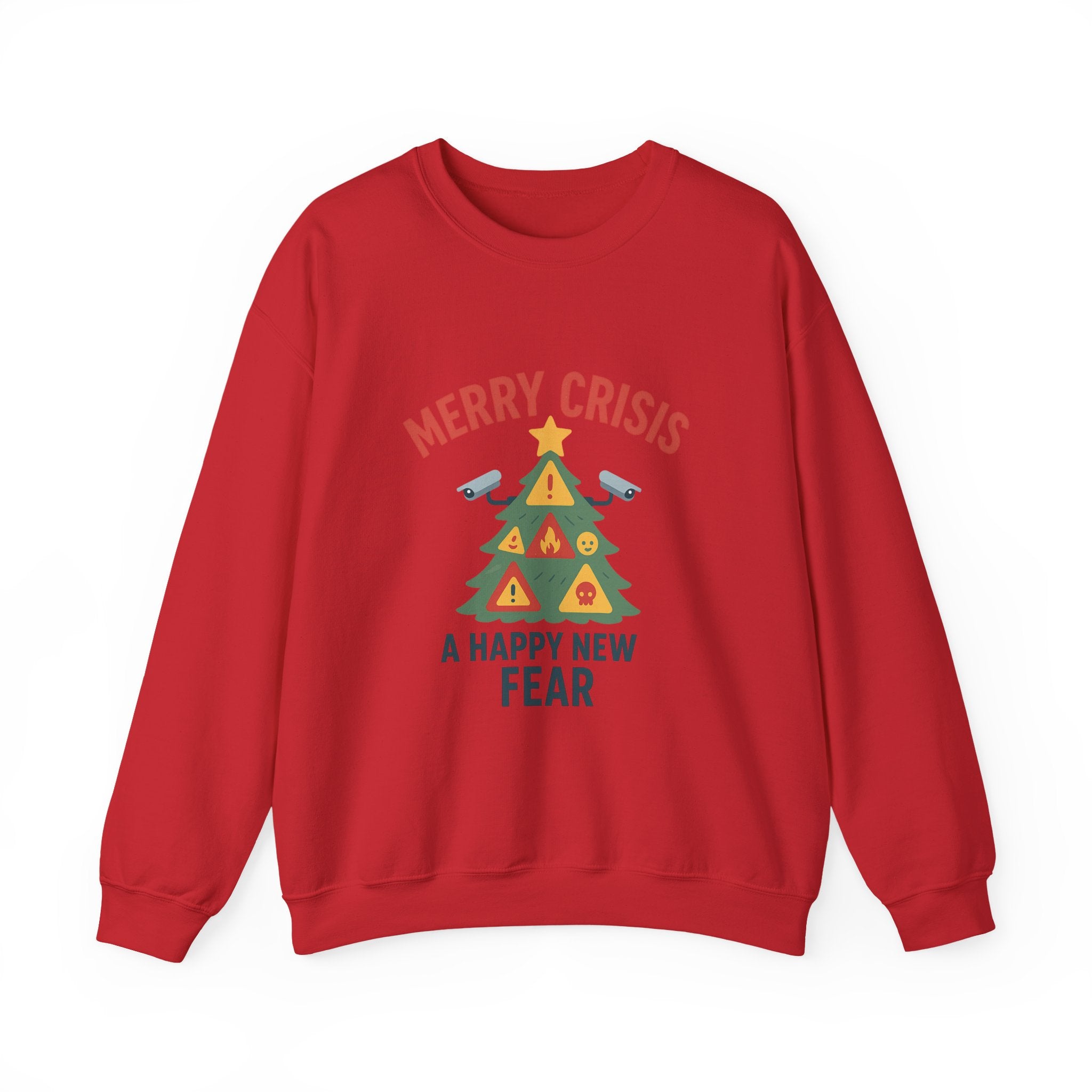 Holiday Humor Sweatshirt — "Merry Crisis, A Happy New Fear" Christmas Tree Crewneck