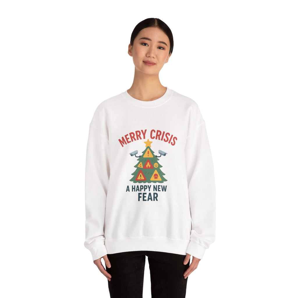 Holiday Humor Sweatshirt — "Merry Crisis, A Happy New Fear" Christmas Tree Crewneck