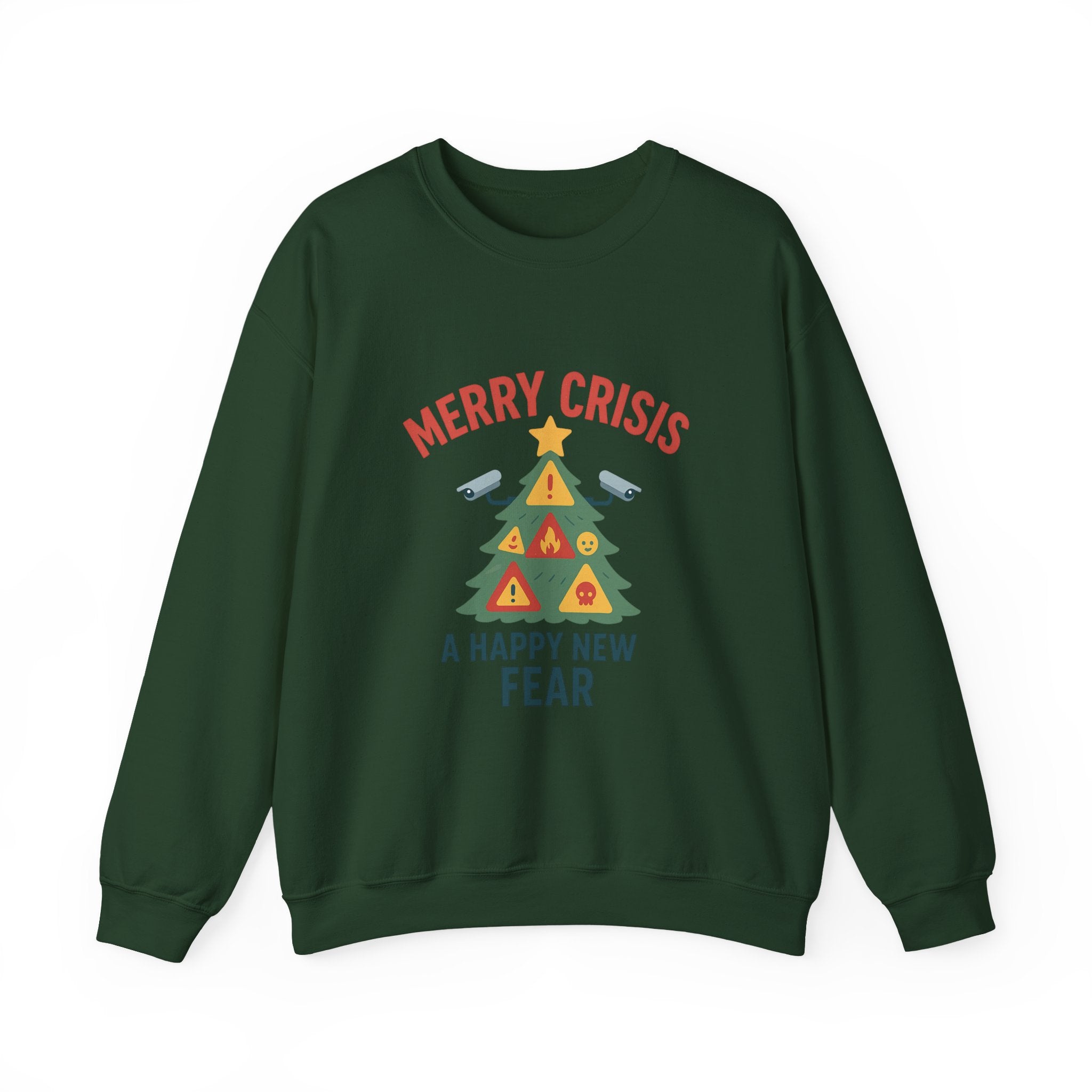 Holiday Humor Sweatshirt — "Merry Crisis, A Happy New Fear" Christmas Tree Crewneck