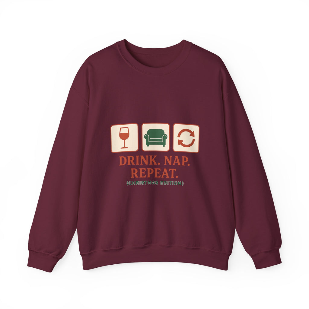 Christmas Sweatshirt - "Drink. Nap. Repeat. (Christmas Edition)" Cozy Holiday Crewneck