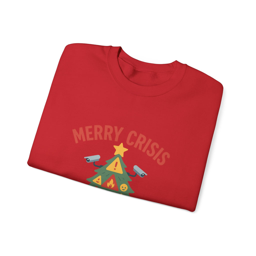 Holiday Humor Sweatshirt — "Merry Crisis, A Happy New Fear" Christmas Tree Crewneck