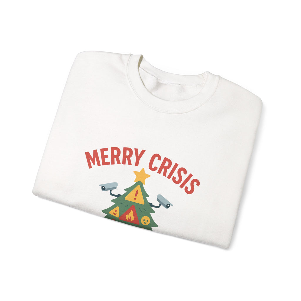 Holiday Humor Sweatshirt — "Merry Crisis, A Happy New Fear" Christmas Tree Crewneck