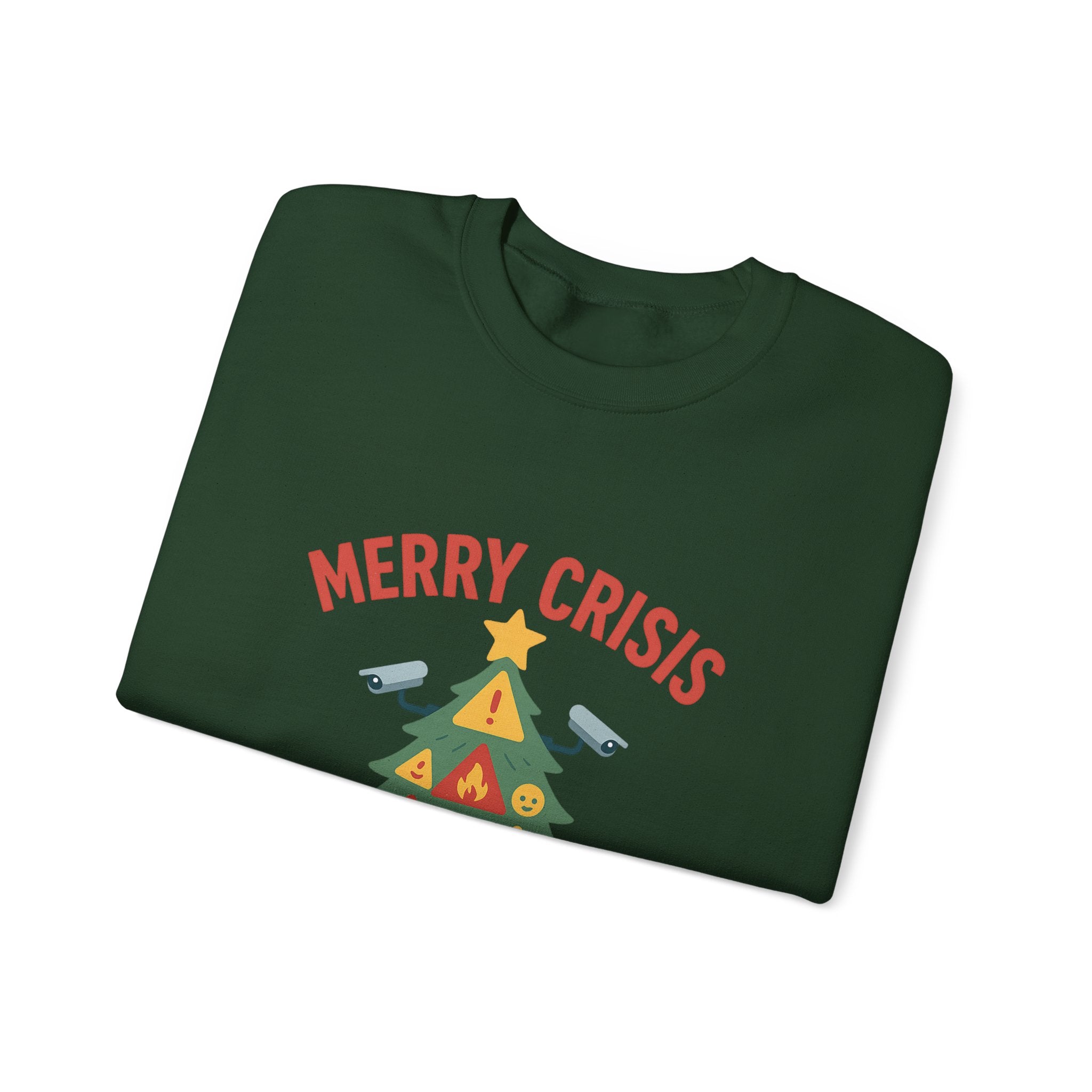 Holiday Humor Sweatshirt — "Merry Crisis, A Happy New Fear" Christmas Tree Crewneck