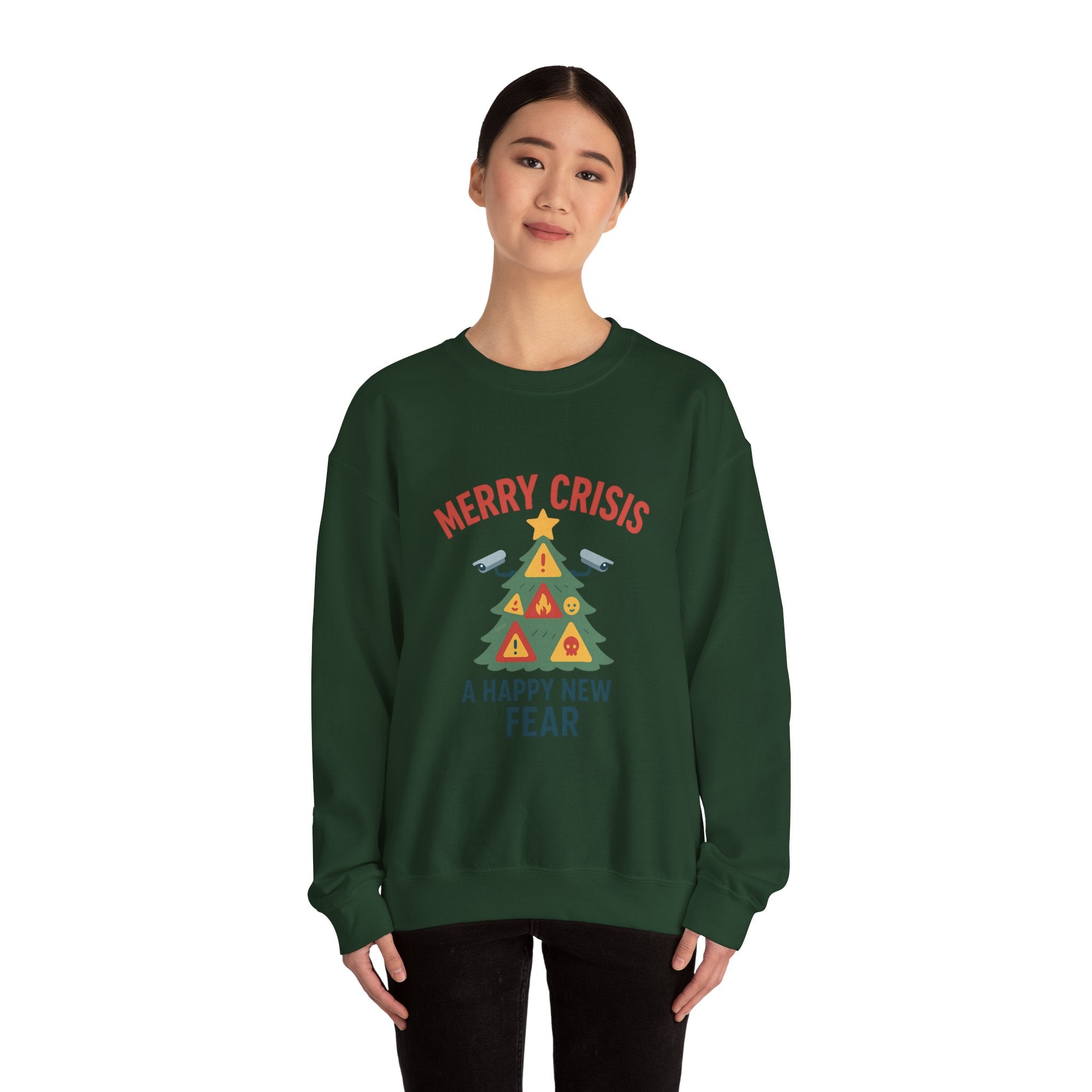 Holiday Humor Sweatshirt — "Merry Crisis, A Happy New Fear" Christmas Tree Crewneck
